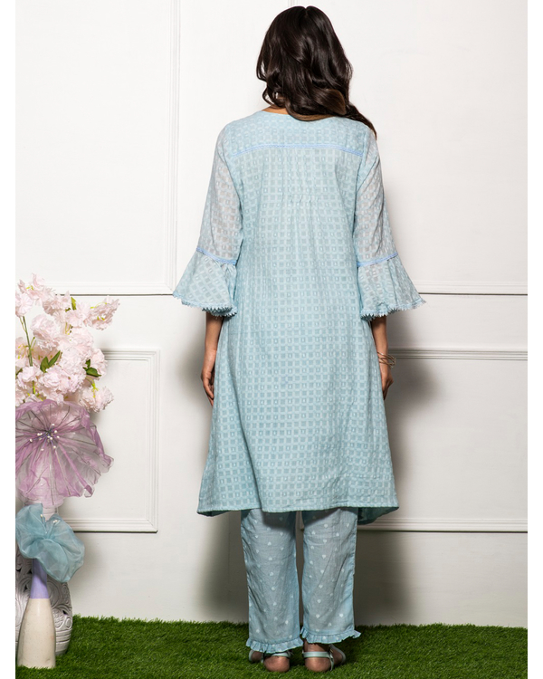 Sky blue cotton checks kurta with ruffle sleeves 1