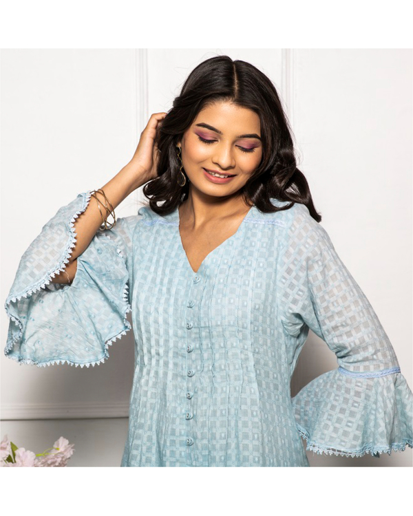 Sky blue cotton checks kurta with ruffle sleeves 2
