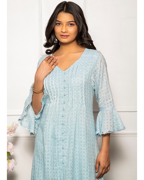 Sky blue cotton checks kurta with ruffle sleeves 3