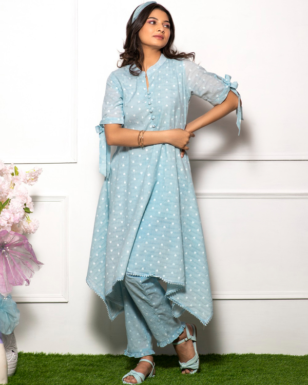 Sky blue asymmetrical kurta with pants - set of two 4