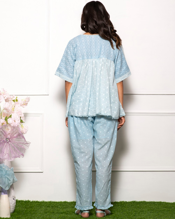Sky blue cotton schiffli gathered top 1