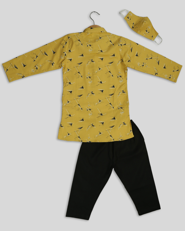 Mustard yellow printed kurta pyjama set - set of two 2
