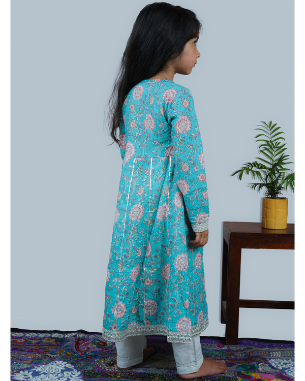 Light blue floral anarkali with pants - set of two 2