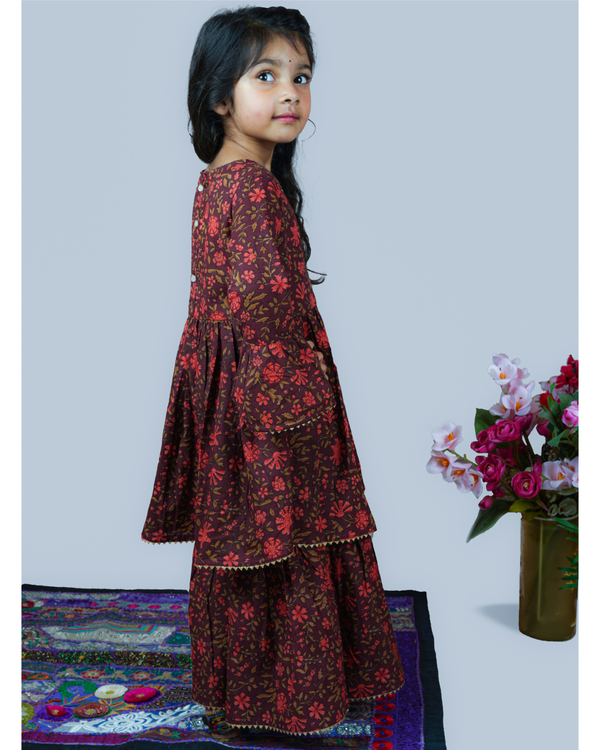 Brown floral angrakha kurta with sharara - set of two 1