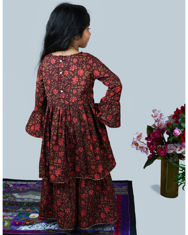 Brown floral angrakha kurta with sharara - set of two 2