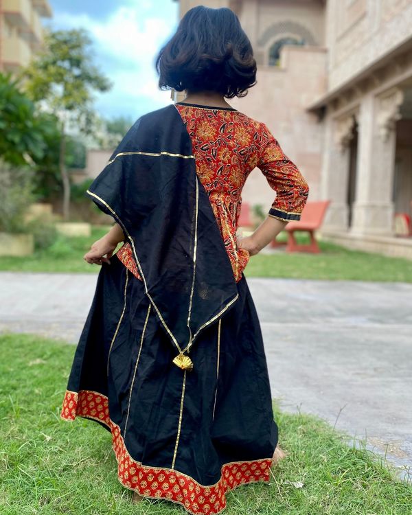 Red printed peplum with black lehnga and dupatta - set of three 1