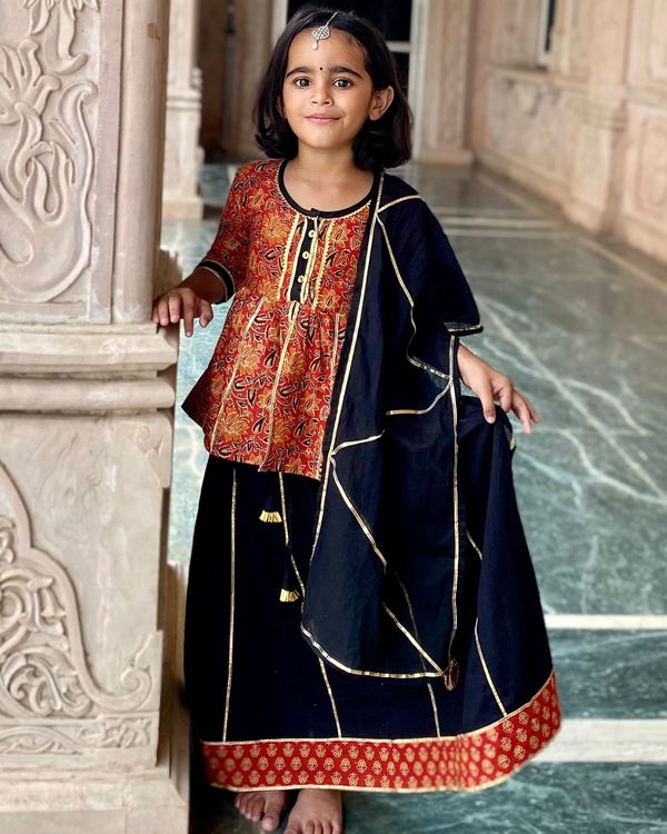 Red printed peplum with black lehnga and dupatta - set of three 2