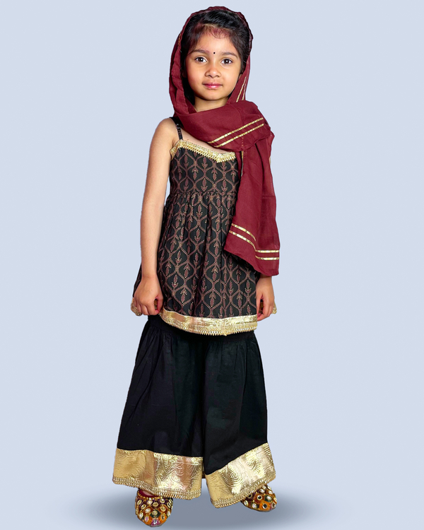 Black printed peplum with sharara and dupatta - set of three 1