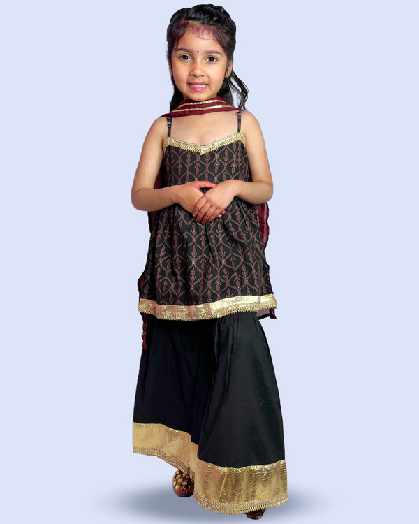 Black printed peplum with sharara and dupatta - set of three 2