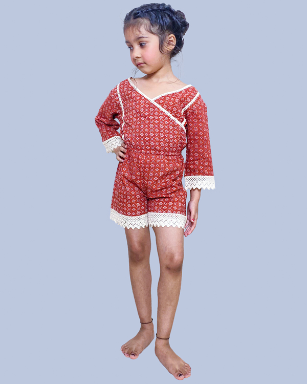 Brick red crochet laced playsuit 2