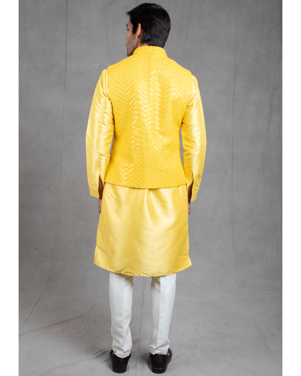 Bright yellow embroidered kurta-jacket set - set of three 1