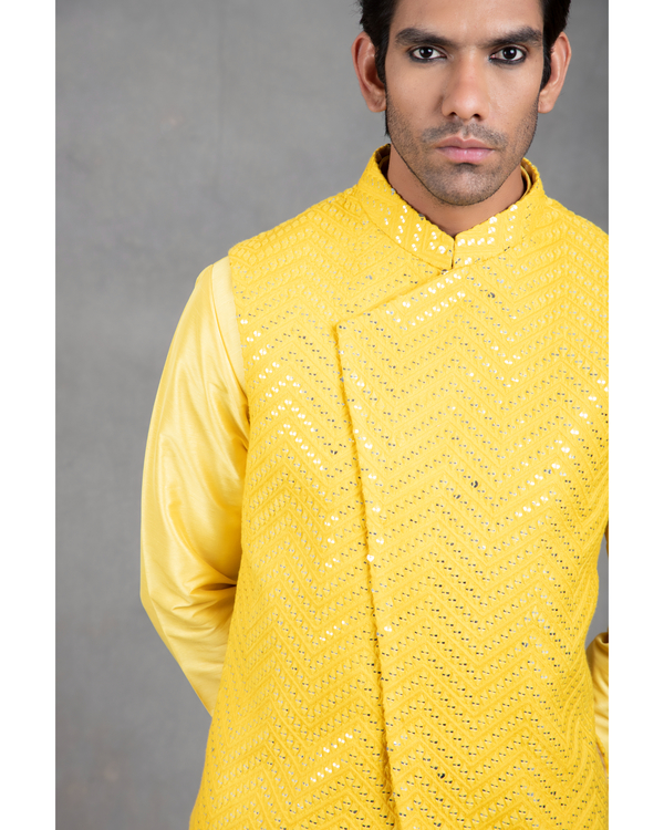Bright yellow embroidered kurta-jacket set - set of three 2