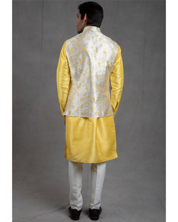 Yellow brocade floral printed kurta-jacket set - set of three 1