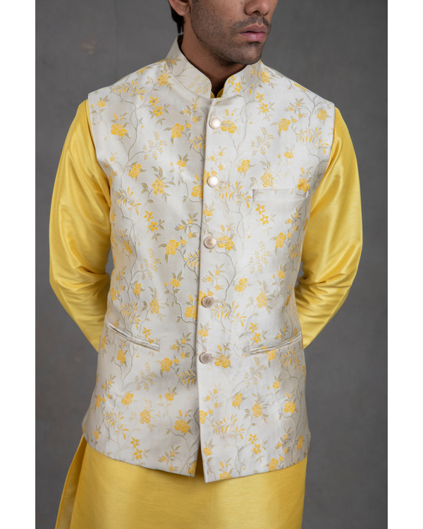 Yellow brocade floral printed kurta-jacket set - set of three 2