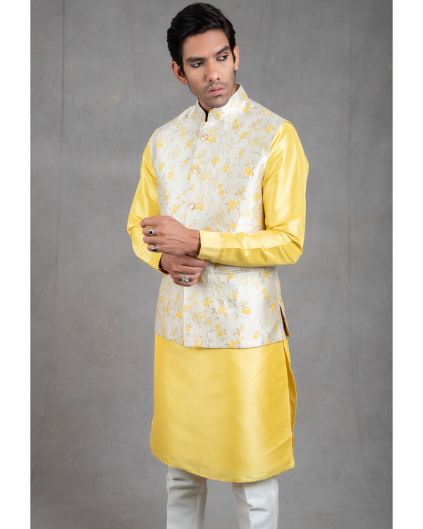 Yellow brocade floral printed kurta-jacket set - set of three 3