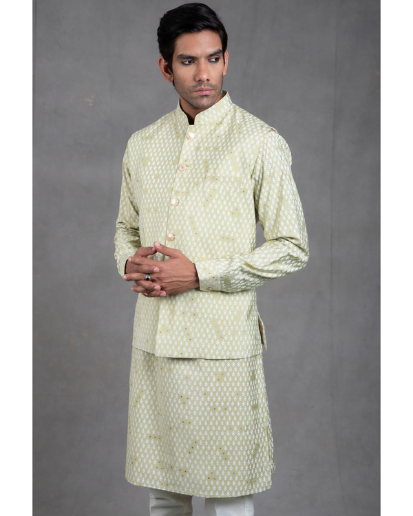 Sage green print on print kurta-jacket set - set of three 3