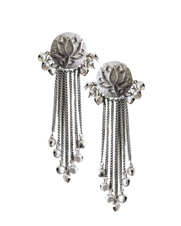 Grey lotus engraved  earrings with tassels 1