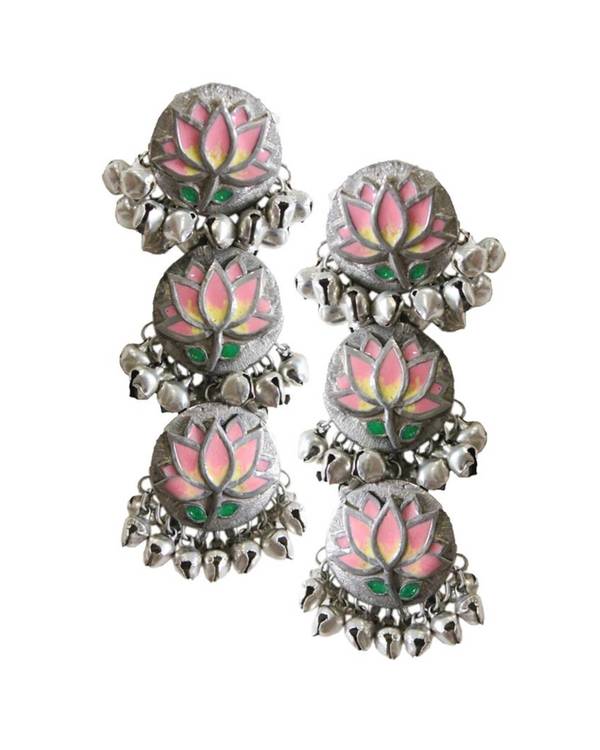 Pink enamel lotus engraved tiered earrings 1