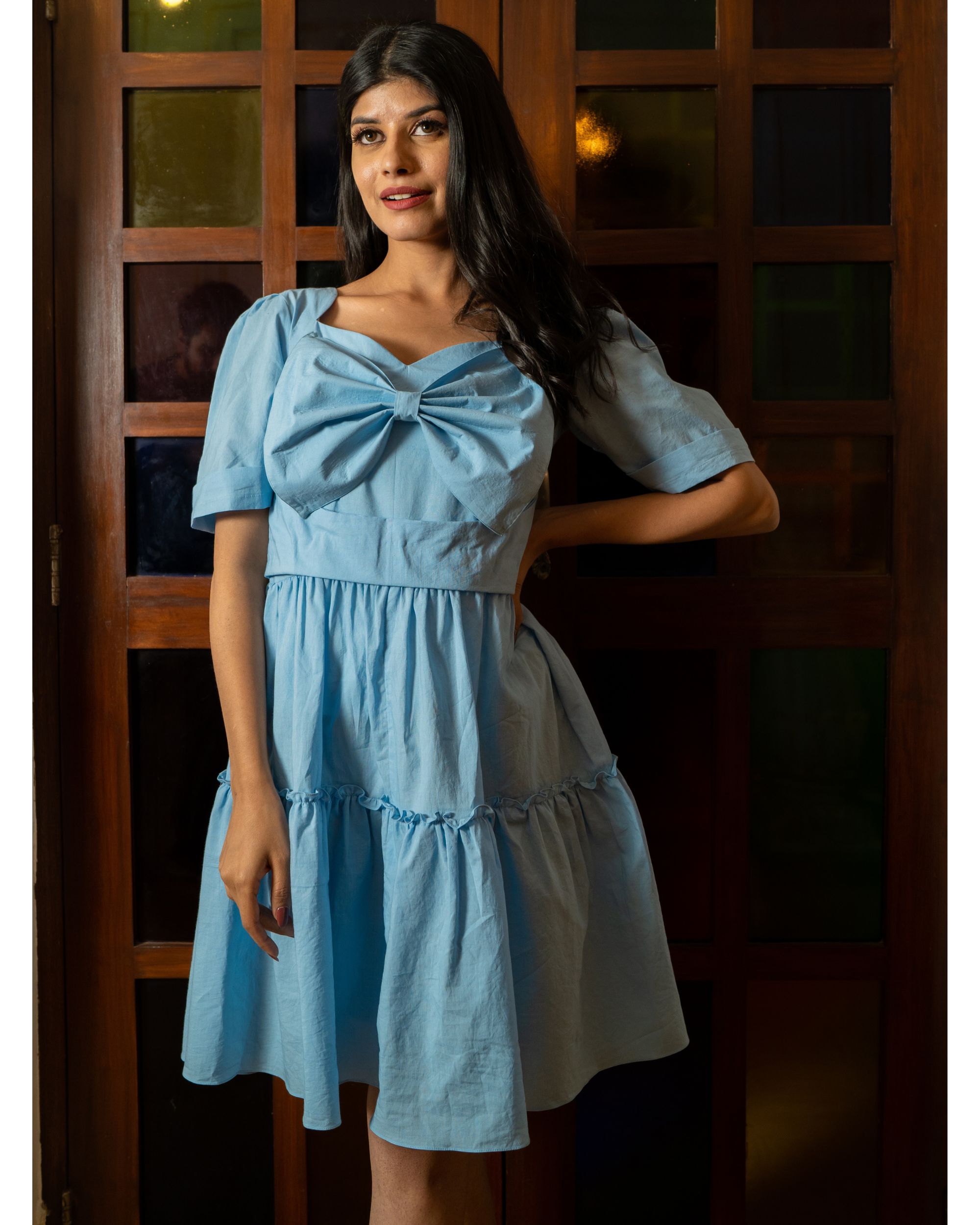 Sky blue tiered bow dress by Dhuni Jaipur
