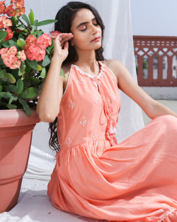 Peach halter neck dress 1