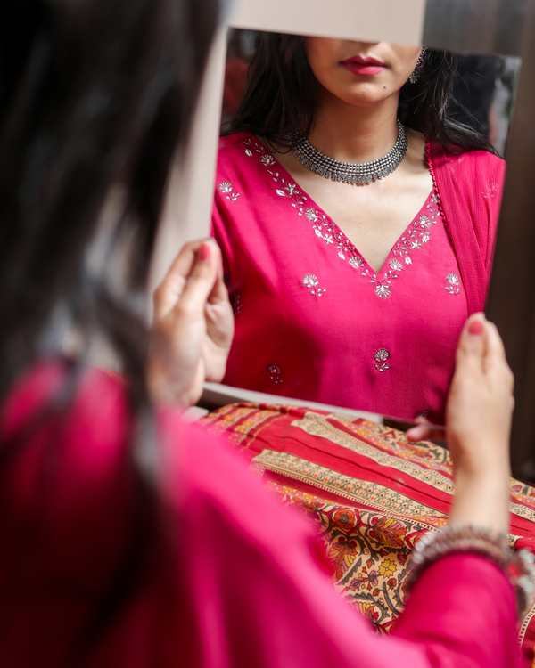Magenta muslin silk anarkali - set of two 2