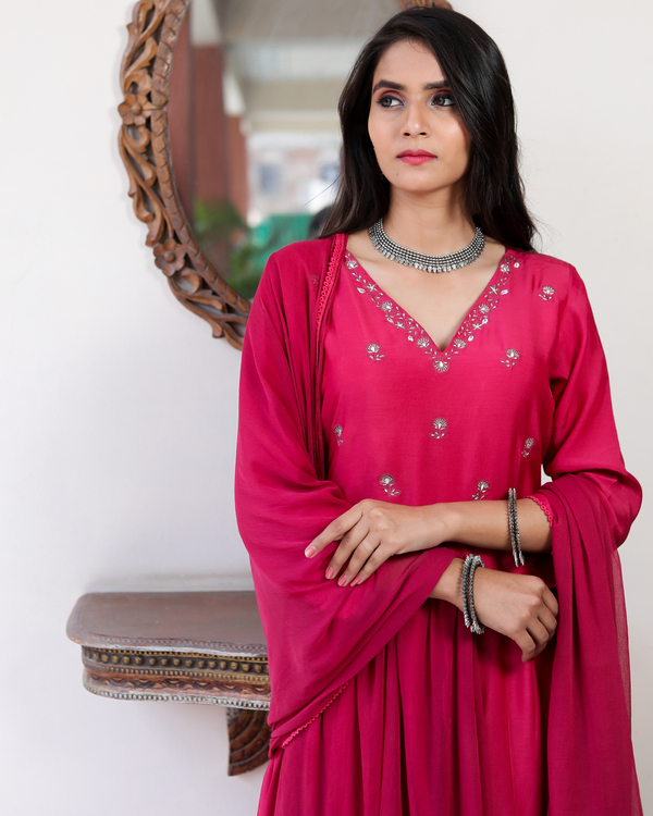 Magenta muslin silk anarkali - set of two 3