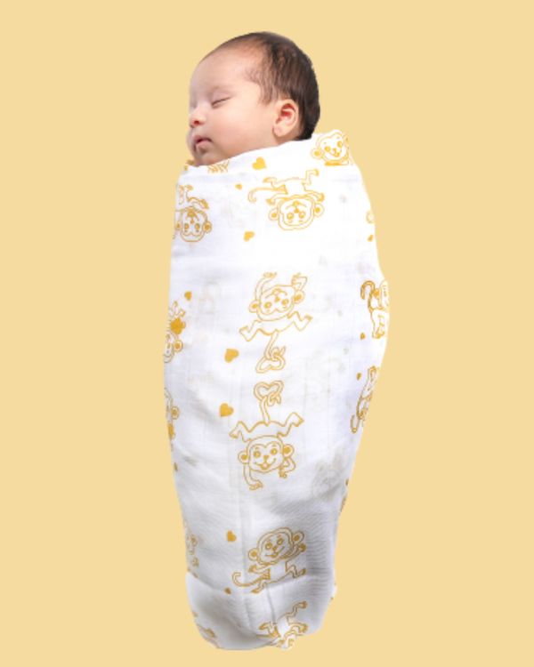 White and yellow monkey printed muslin baby wrap swaddle - large 1