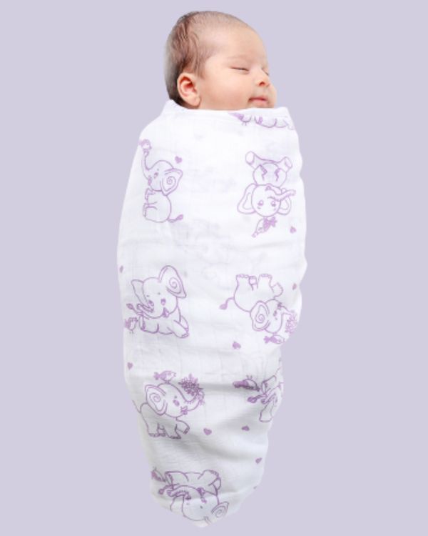 White and purple elephant printed muslin baby wrap swaddle - large 1