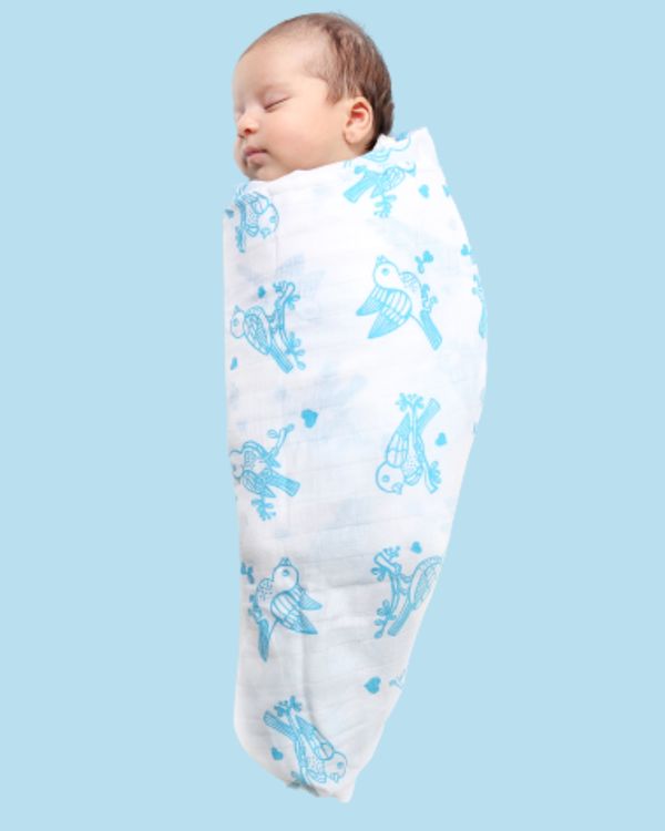 White and blue sparrow printed muslin baby wrap swaddle - large 1