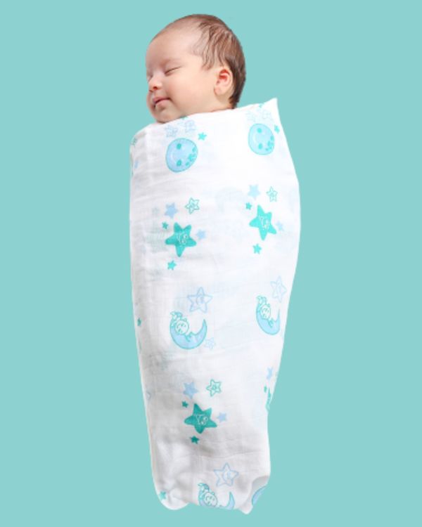 White and blue moon & stars printed muslin baby wrap swaddle - large 1