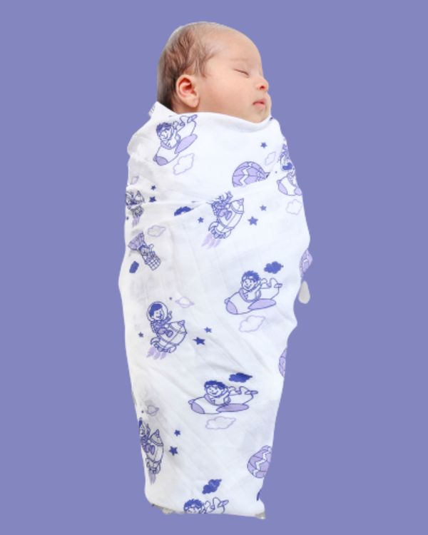 White and purple parachute printed muslin baby wrap swaddle - large 1
