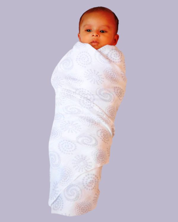 White and lilac circular patterns printed muslin baby wrap swaddle - large 1