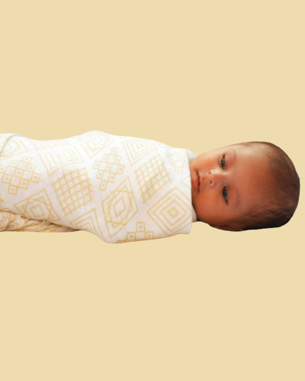 White and beige square patterns printed muslin baby wrap swaddle - small 1