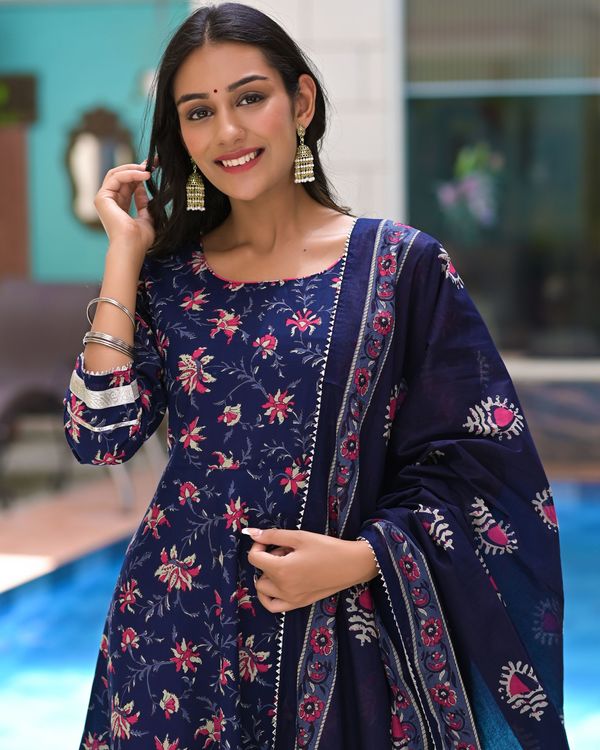 Blue and pink printed anarkali kurta set - set of three 1
