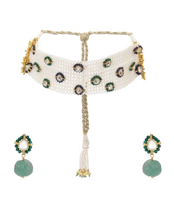 White jaal kundan and polki choker with earrings - set of two 2