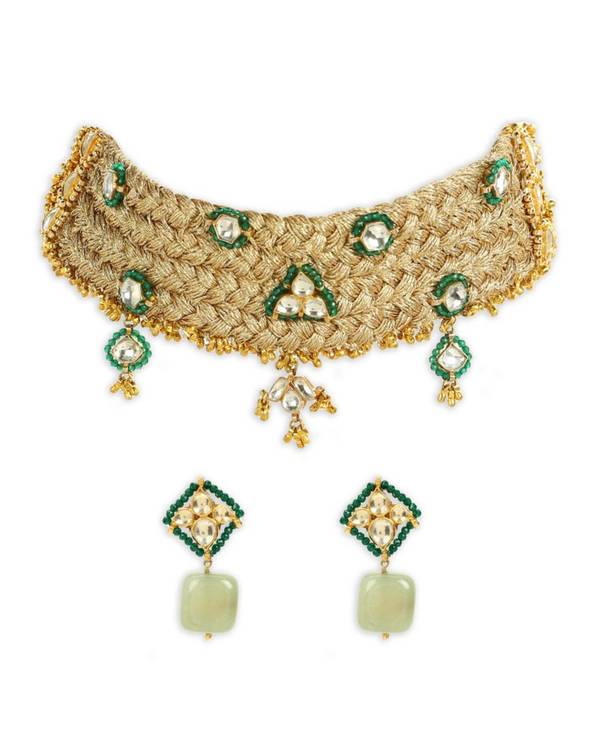 Green emerald with threads work choker and earring - set of two 1