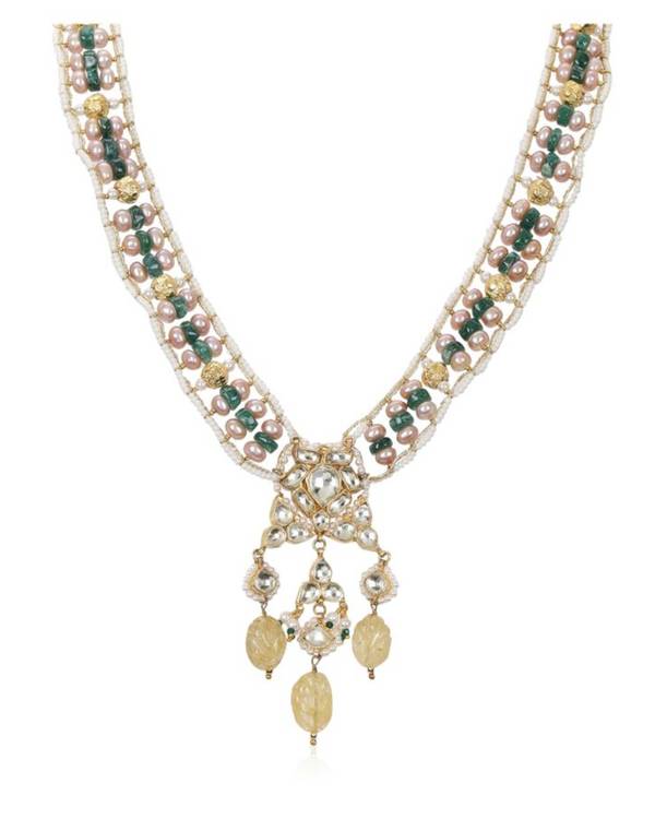 Yellow and green kundan and pearl beaded neckpiece with earrings - set of two 1