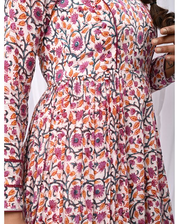 Violet printed side gathered anarkali set - set of three 2
