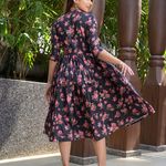 Black floral printed fit and flare midi dress by The Anarkali Shop