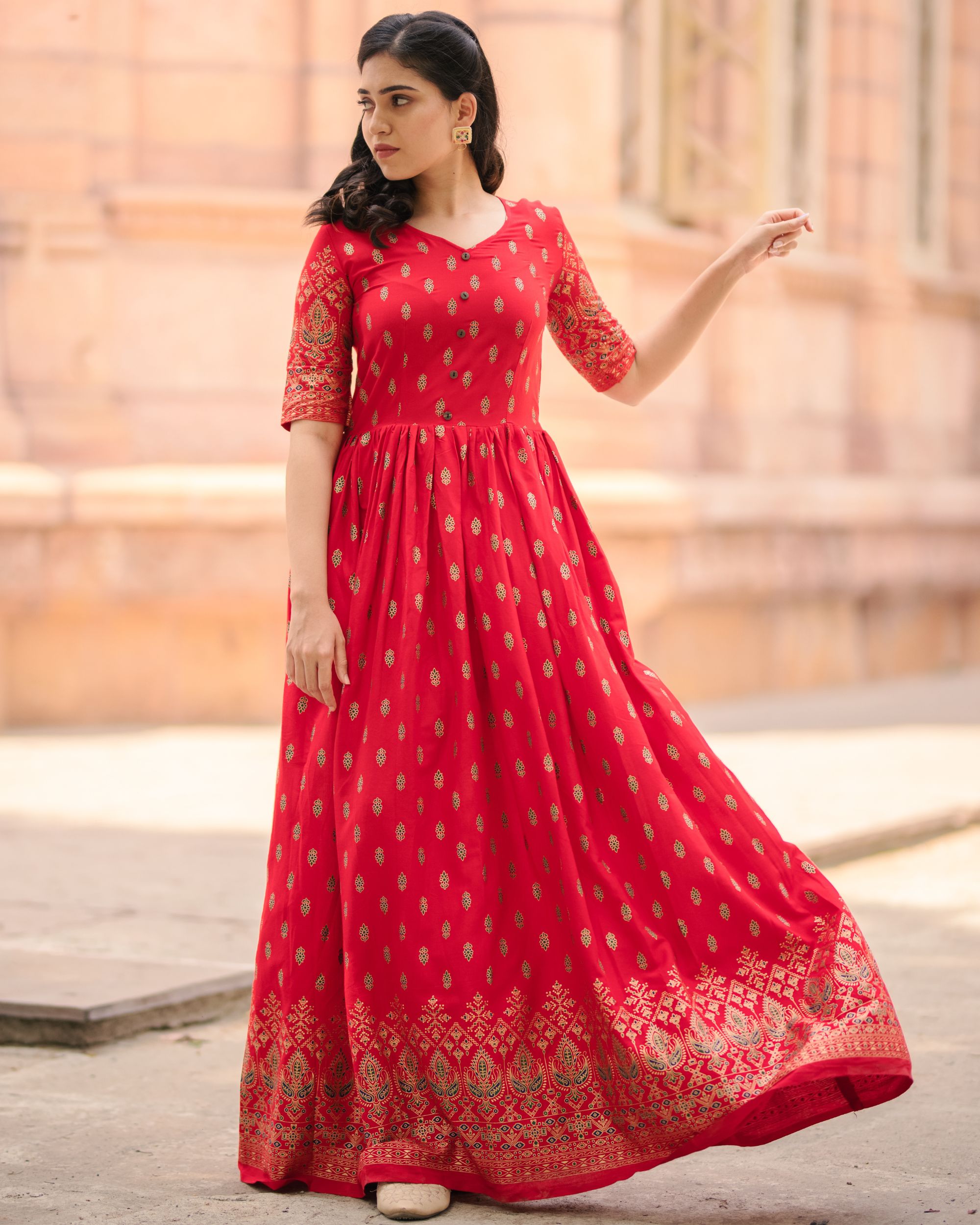 Red printed fit and flare long dress by The Anarkali Shop