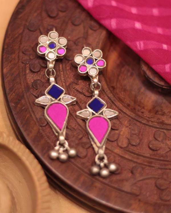 Blue and pink floral studded drop earrings 1