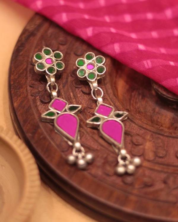 Green and pink floral studded drop earrings 1