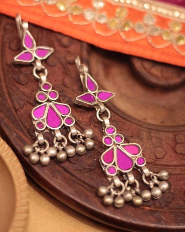 Pink floral glass work hook earring 1