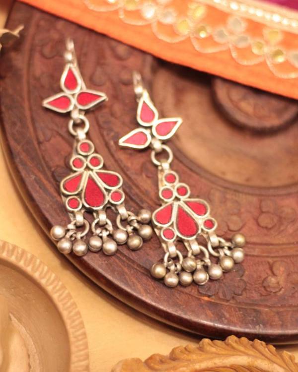 Red floral glass work hook earring 1