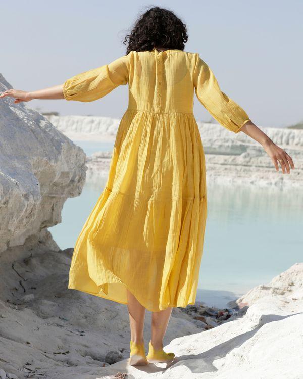 Mustard yellow zari embroidered sequin tiered dress 1