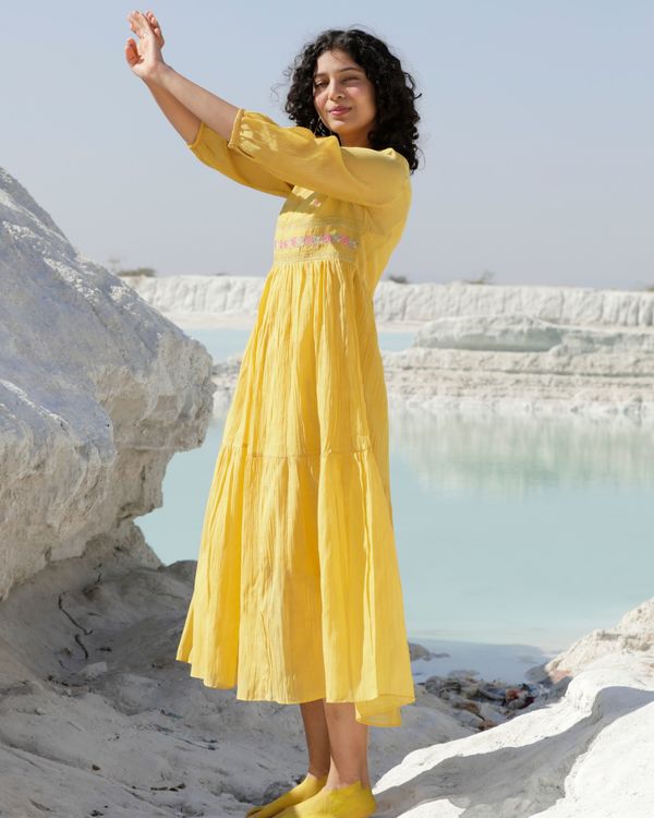 Mustard yellow zari embroidered sequin tiered dress 3