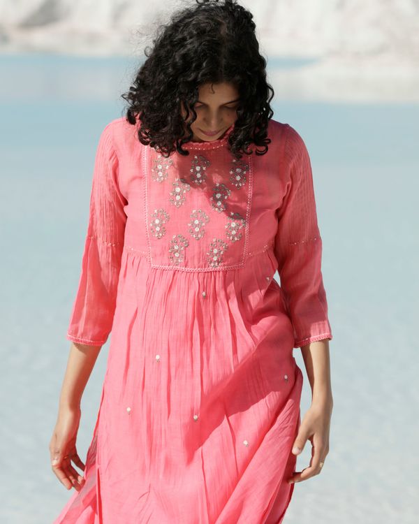 Coral pink yoke buta kurta set - set of two 1