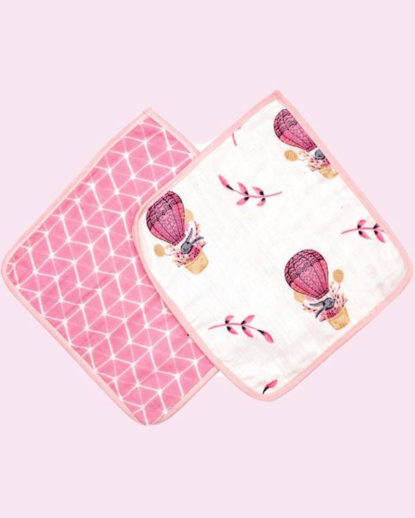 White and pink parachute printed reusable square wipes - set of two 1