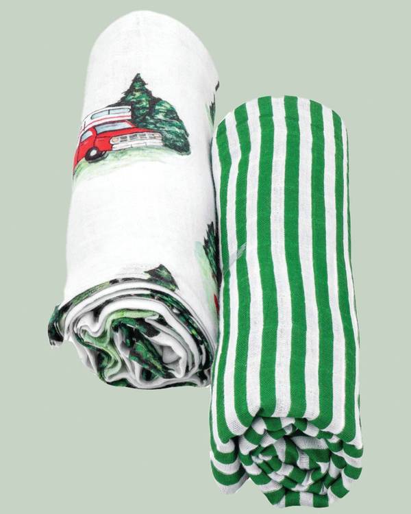 White and green camping adventure themed muslin baby swaddle - set of two 1