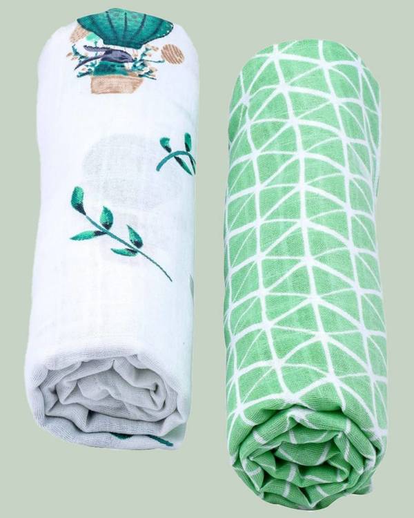 White and green parachute printed muslin baby swaddle - set of two 1